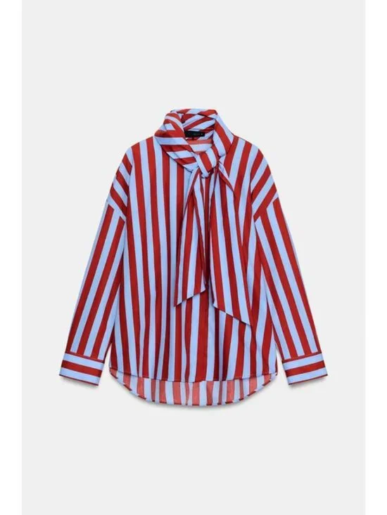 ZARA BOW NECK STRIPED SHIRT - Picture 8 of 10